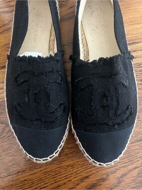 CHANEL Black Canvas Espadrille Slip-Ons with CC Appliqué